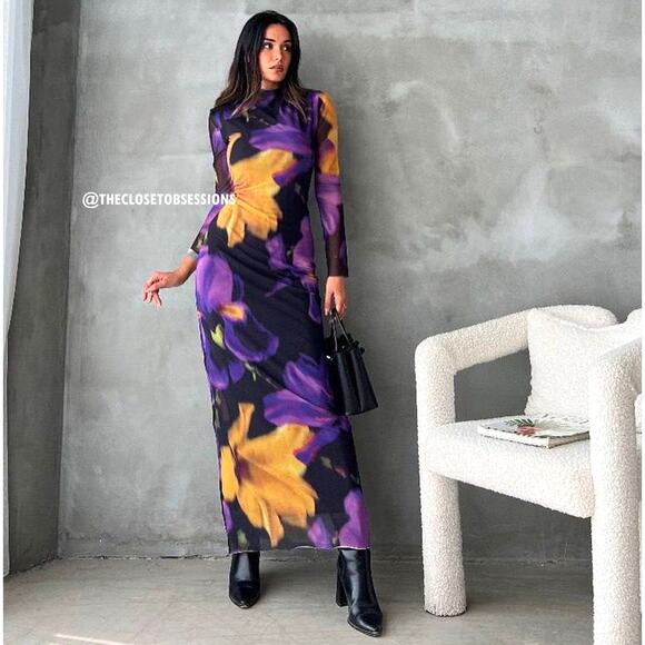 MANGO Fitted Floral Maxi Dress NWT | Multicolor High Neck Long Sleeve - Picture 8 of 16